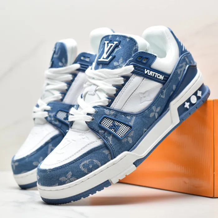 1 Louis Vuitton Denim Monogram Trainers – Premium Luxury Sneakers with Iconic Blue & White Design for Bold Street Style - Sup3r